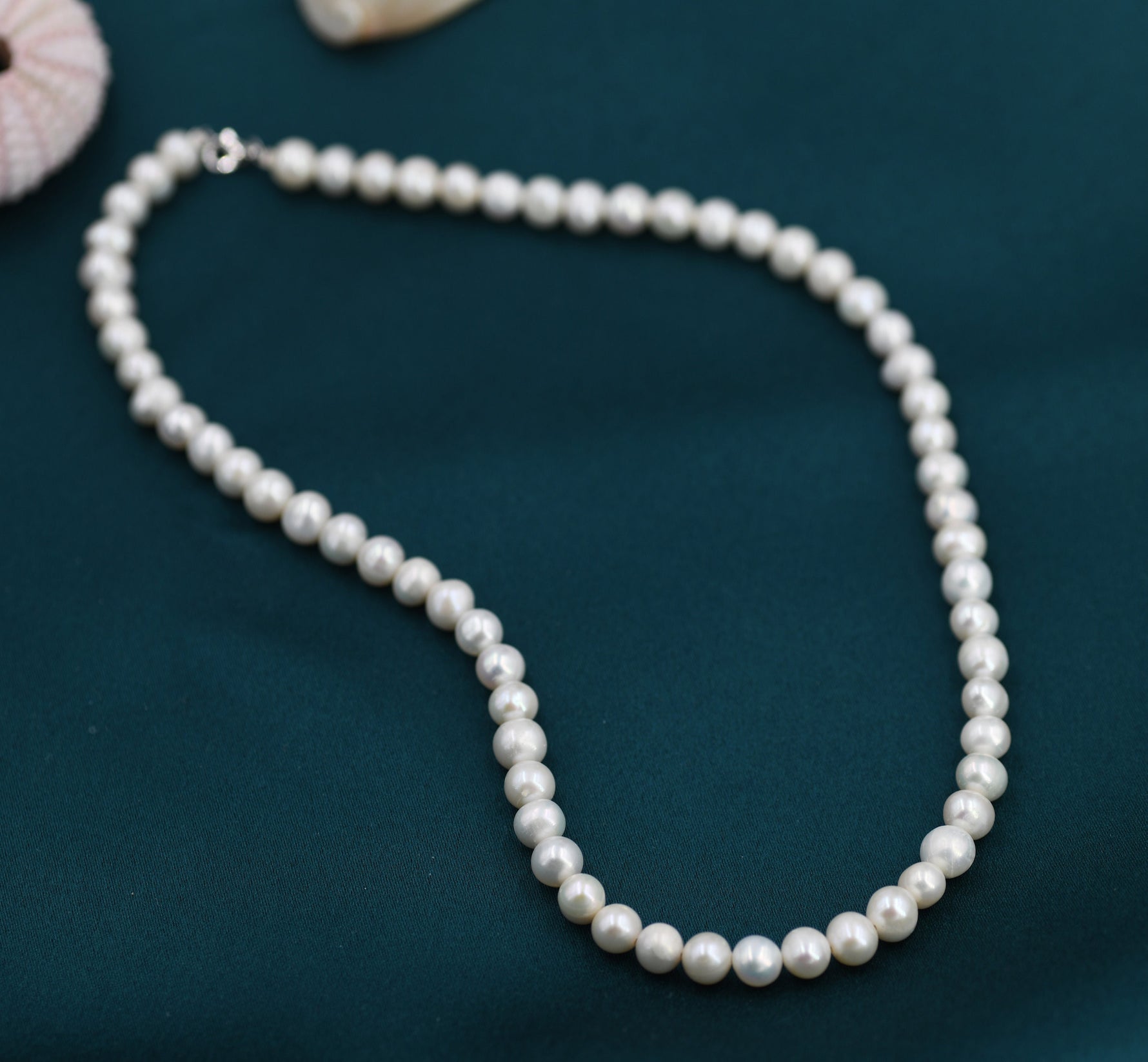 Genuine Freshwater Pearl Necklace in Sterling Silver, Slightly Irregular Shape Round Fresh Water Pearl Necklace, Men or Women, Unisex