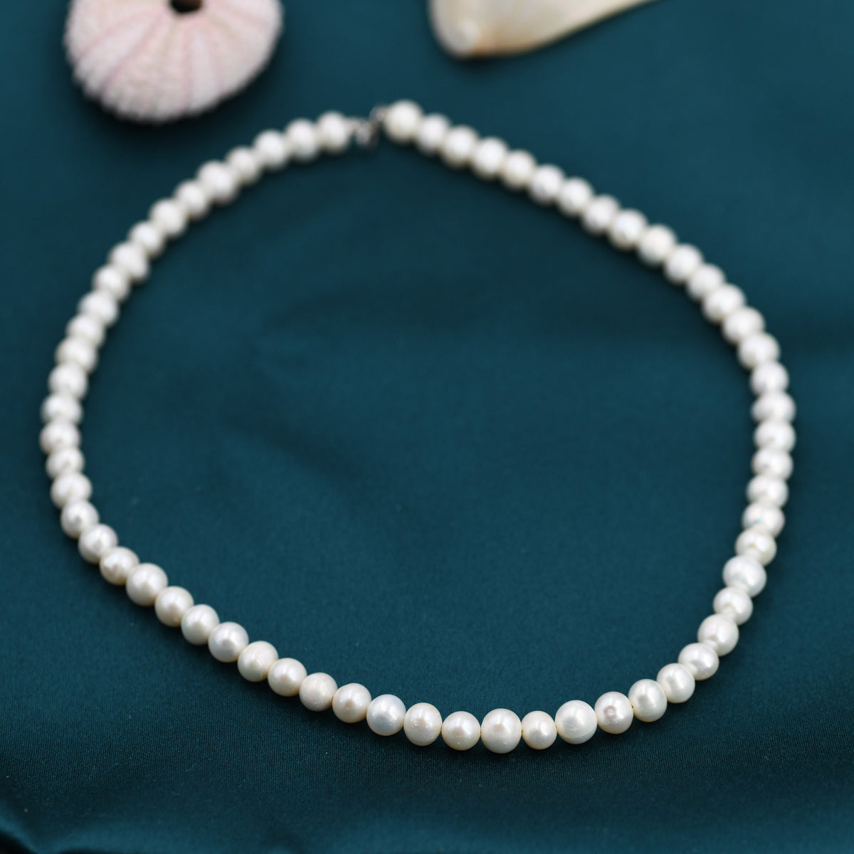 Genuine Freshwater Pearl Necklace in Sterling Silver, Slightly Irregular Shape Round Fresh Water Pearl Necklace, Men or Women, Unisex