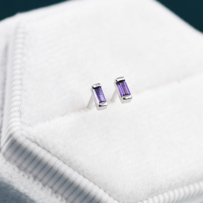 Amethyst Purple Tiny Baguette CZ Stud Earrings in Sterling Silver, Silver or Gold, Geometric Tiny CZ Earrings, Stacking Earrings