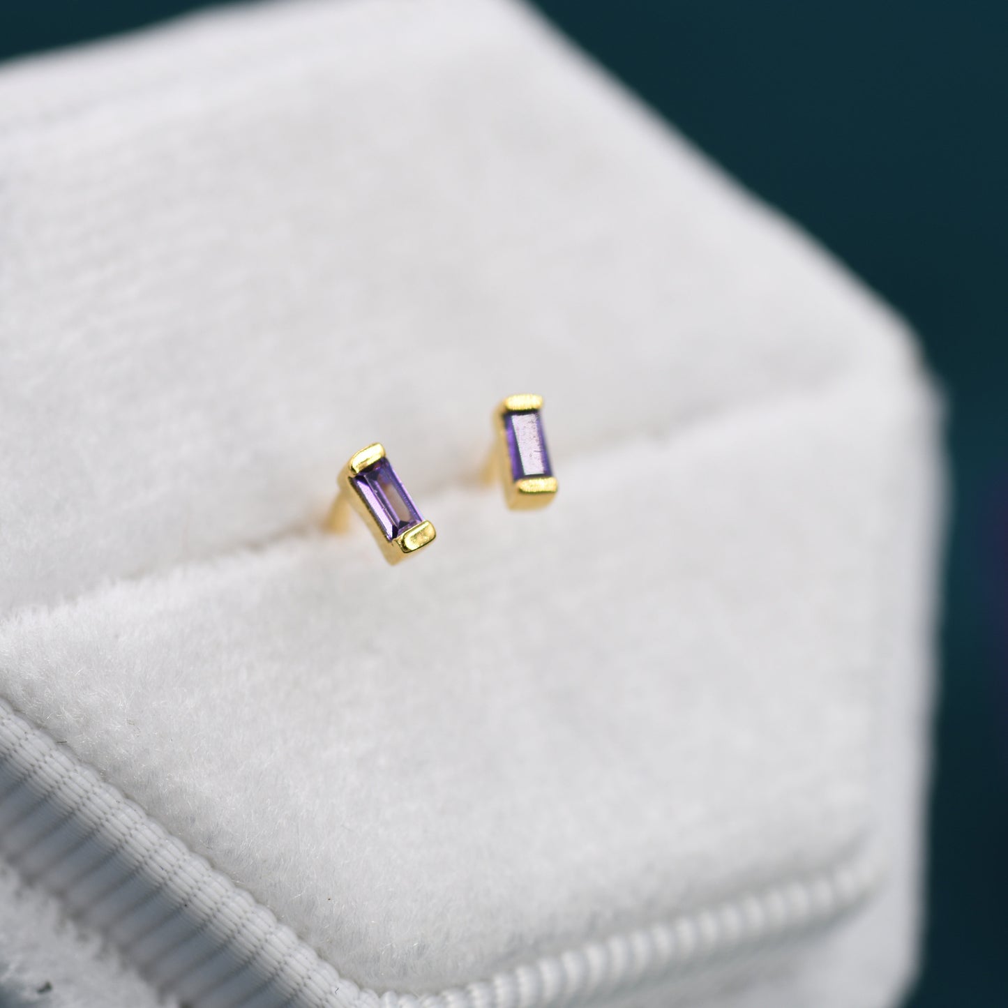 Amethyst Purple Tiny Baguette CZ Stud Earrings in Sterling Silver, Silver or Gold, Geometric Tiny CZ Earrings, Stacking Earrings