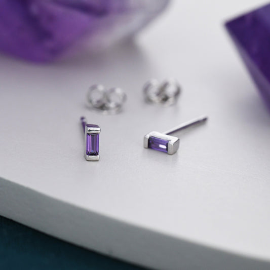 Amethyst Purple Tiny Baguette CZ Stud Earrings in Sterling Silver, Silver or Gold, Geometric Tiny CZ Earrings, Stacking Earrings