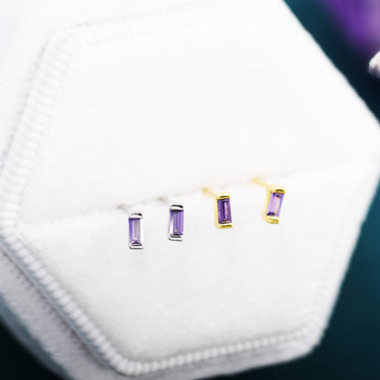 Lilac Purple Tiny Baguette CZ Stud Earrings in Sterling Silver, Silver or Gold, Geometric Tiny CZ Earrings, Stacking Earrings