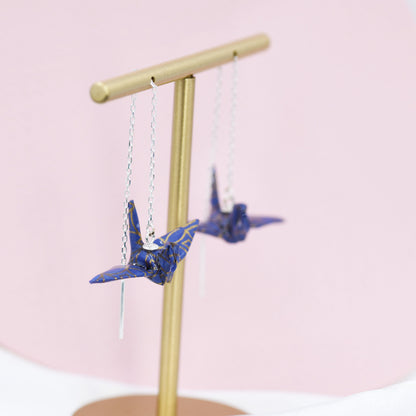 Japanese Paper Origami Crane Threader Earrings in Sterling Silver, Resin Sealed Genuine Japanese Washi Paper, Blue, Long Lasting Earrings