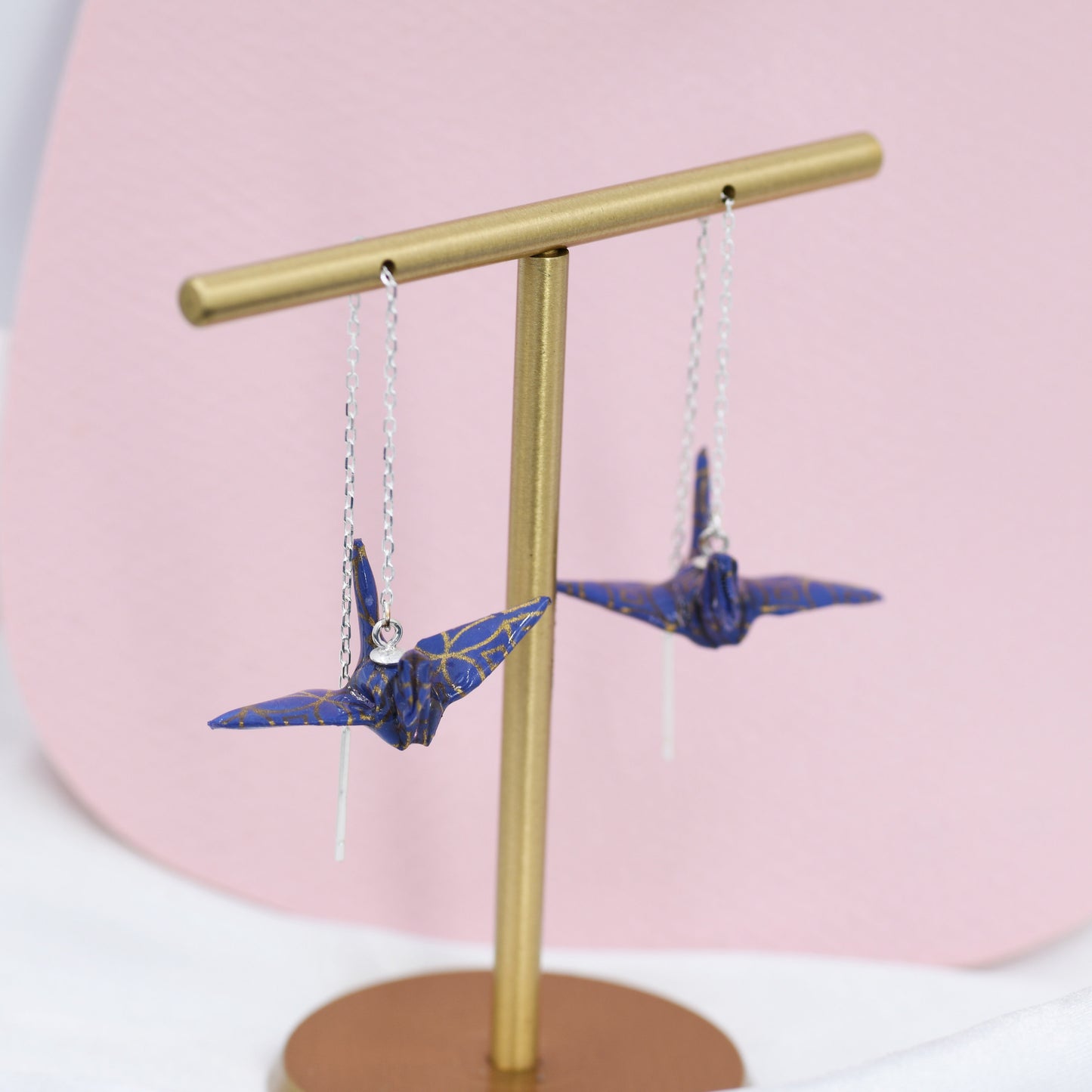 Japanese Paper Origami Crane Threader Earrings in Sterling Silver, Resin Sealed Genuine Japanese Washi Paper, Blue, Long Lasting Earrings