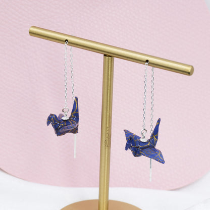 Japanese Paper Origami Crane Threader Earrings in Sterling Silver, Resin Sealed Genuine Japanese Washi Paper, Blue, Long Lasting Earrings