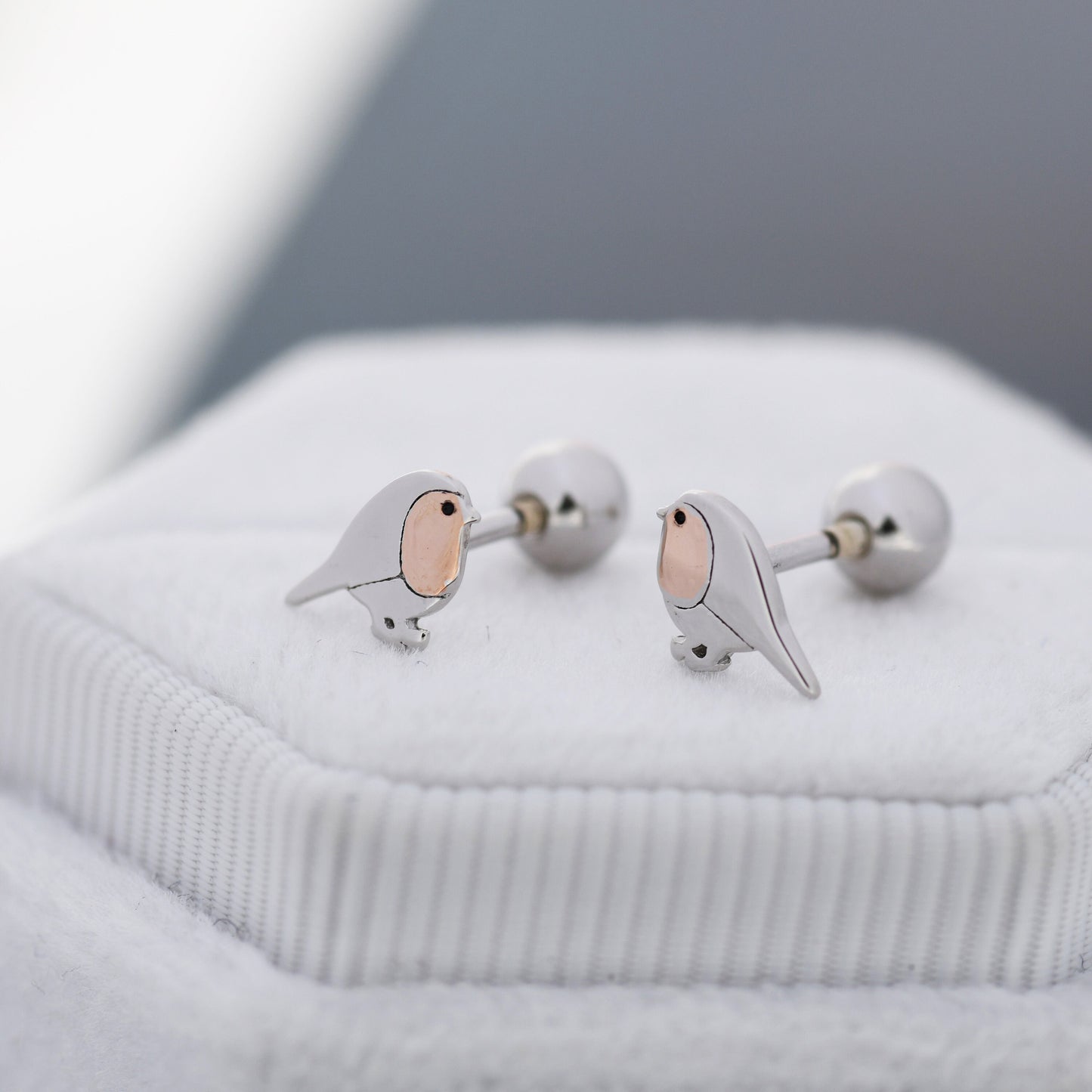 Extra Tiny Robin Screw back Earrings in Sterling Silver, Extra Tiny, Silver Robin Bird Cuff Earrings, Silver and Rose Gold, Nature Inspired