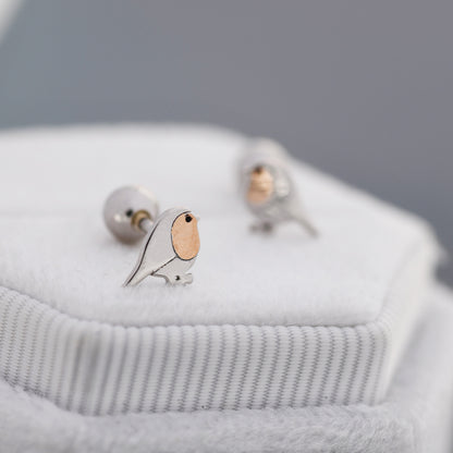 Extra Tiny Robin Screw back Earrings in Sterling Silver, Extra Tiny, Silver Robin Bird Cuff Earrings, Silver and Rose Gold, Nature Inspired