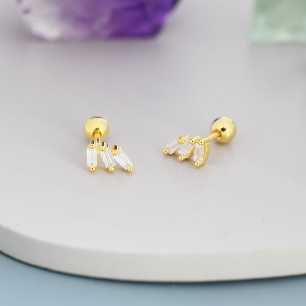Triple Baguette CZ Screw Back Earrings
