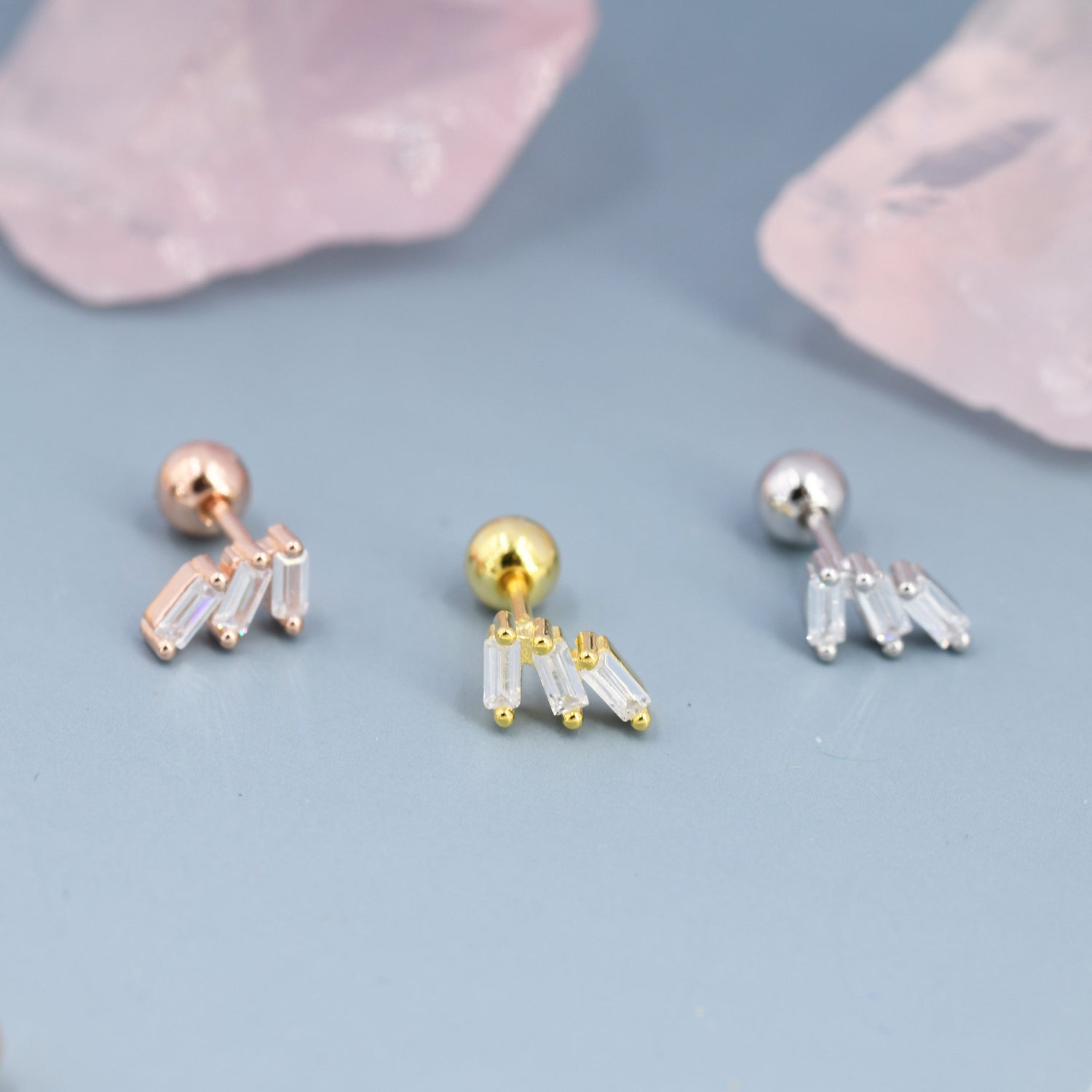 Triple Baguette Screw back Earrings in Sterling Silver, Silver, Gold or Rose Gold over Sterling Silver, Baguette Cluster Screwback Earrings