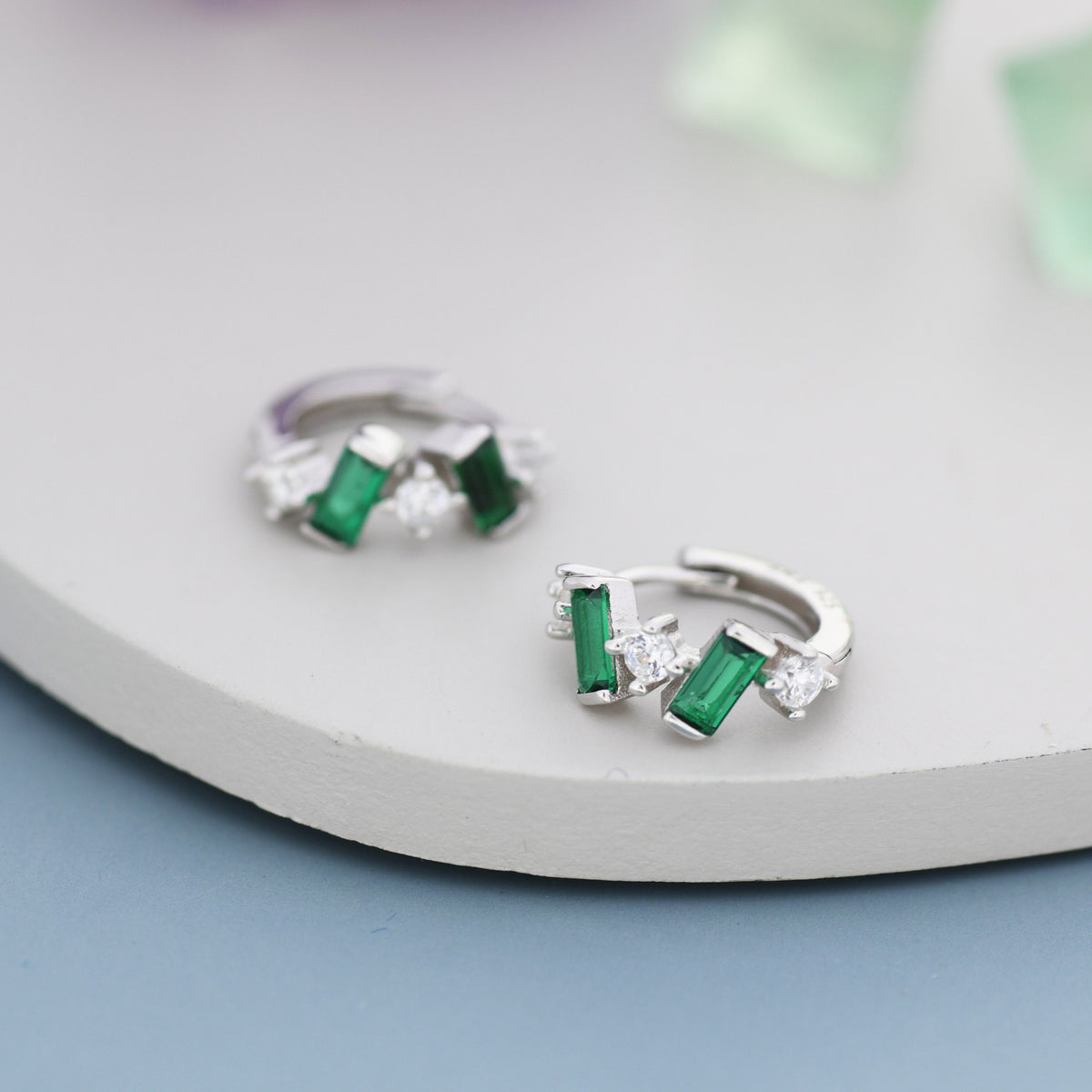 Emerald Green Baguette CZ Cluster Huggie Hoop in Sterling Silver, Silver or Gold, Irregular Shaped Cluster Hoops