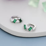 Emerald Green Baguette CZ Cluster Huggie Hoop in Sterling Silver, Silver or Gold, Irregular Shaped Cluster Hoops