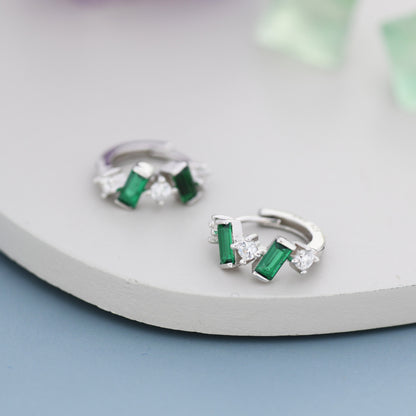 Emerald Green Baguette CZ Cluster Huggie Hoop in Sterling Silver, Silver or Gold, Irregular Shaped Cluster Hoops