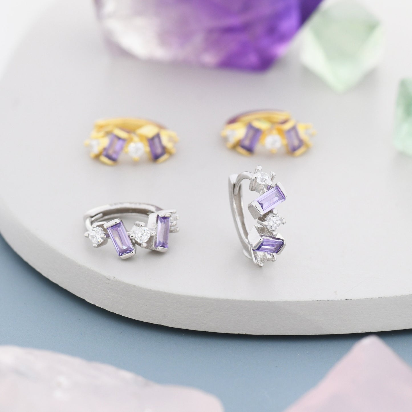 Amethyst Purple Baguette CZ Cluster Huggie Hoop in Sterling Silver, Silver or Gold, Irregular Shaped Cluster Hoops, Baguette Hoops