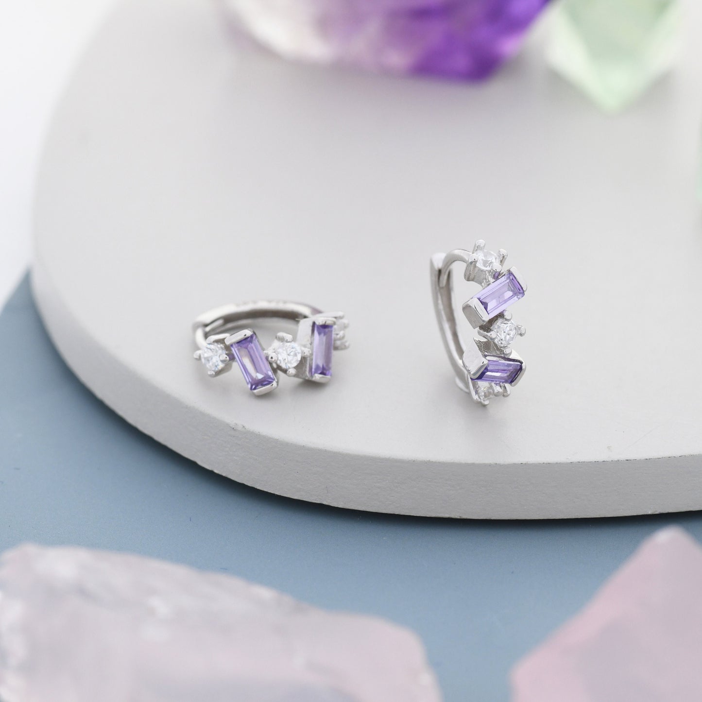 Amethyst Purple Baguette CZ Cluster Huggie Hoop in Sterling Silver, Silver or Gold, Irregular Shaped Cluster Hoops, Baguette Hoops