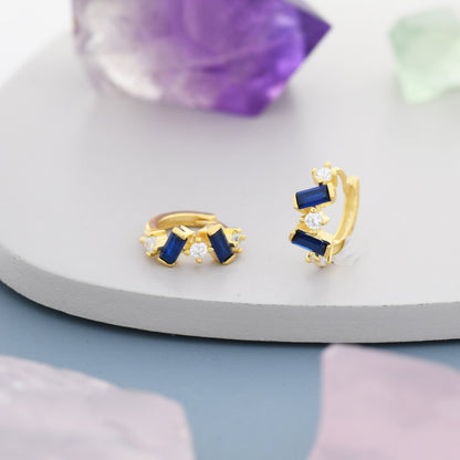 Sapphire Blue Baguette CZ Cluster Huggie Hoop in Sterling Silver, Silver or Gold, Irregular Shaped Cluster Hoops, Baguette Hoops