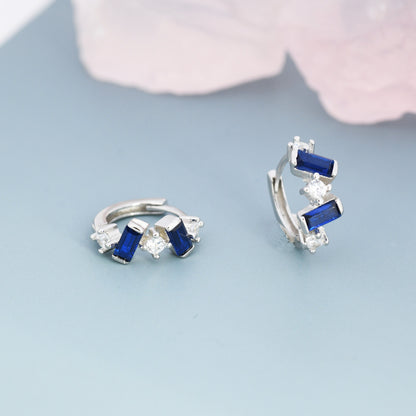 Sapphire Blue Baguette CZ Cluster Huggie Hoop in Sterling Silver, Silver or Gold, Irregular Shaped Cluster Hoops, Baguette Hoops