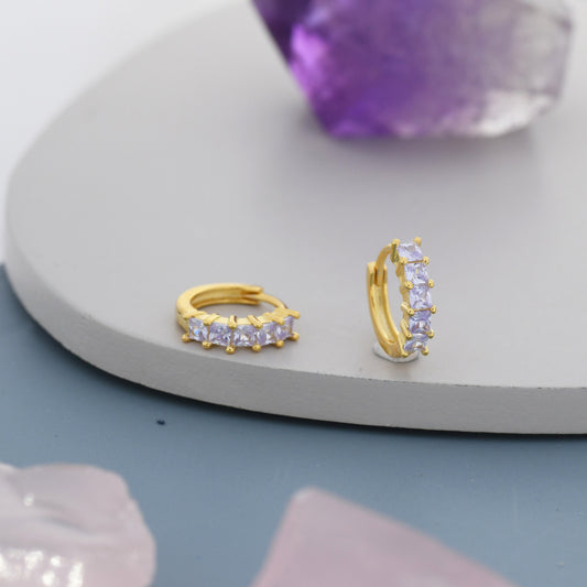 Alexandrite Purple Princess Cut CZ Huggie Hoop in Sterling Silver, Silver or Gold, Minimalist Simple Hoop Earrings, Lilac Purple