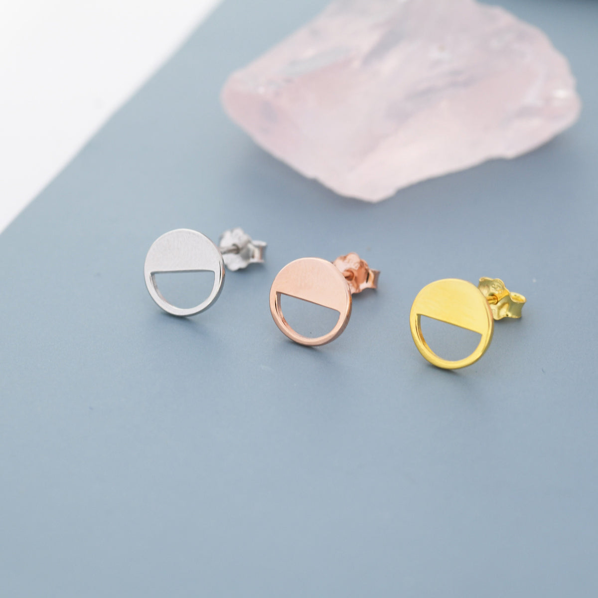 Half Circle Stud Earrings in Sterling Silver, Silver, Gold or Rose Gold over Sterling Silver, Geometric Open Circle Earrings, Semi Circle