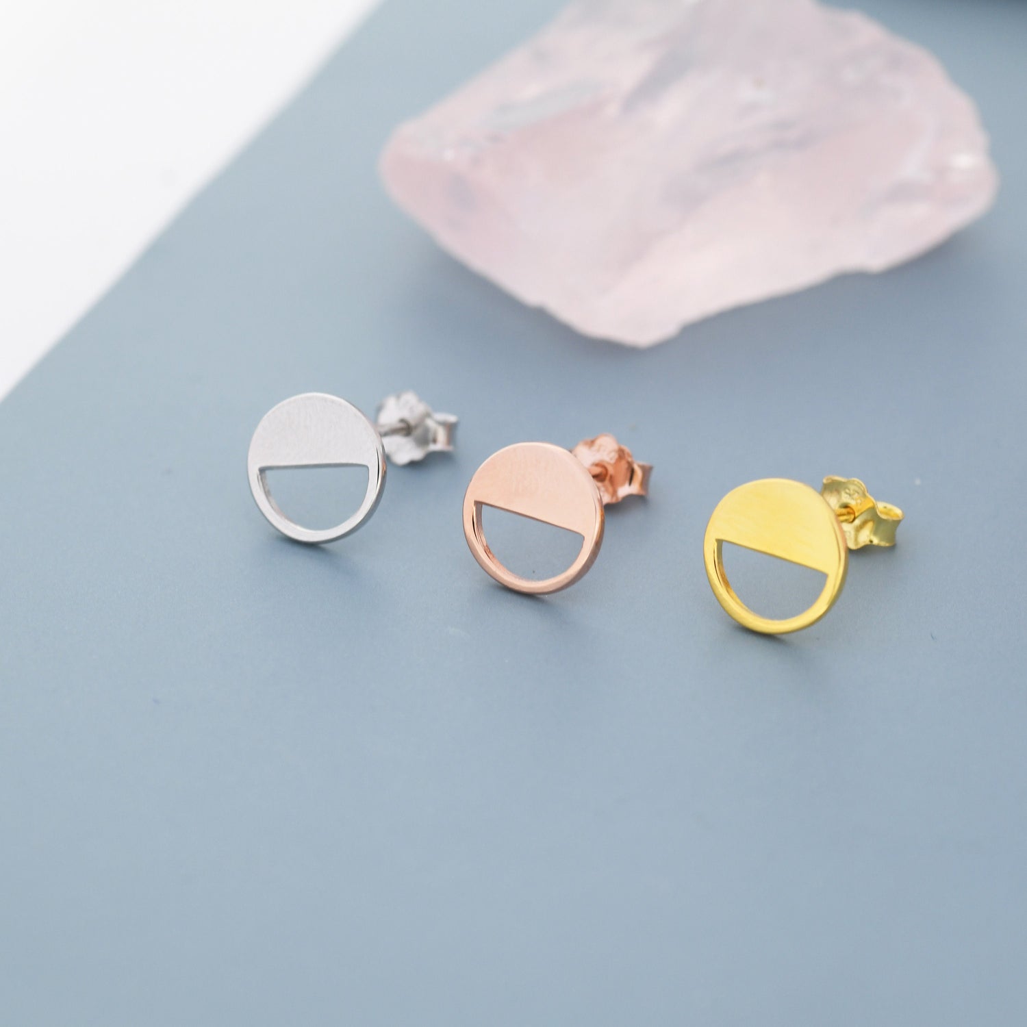 Half Circle Stud Earrings in Sterling Silver, Silver, Gold or Rose Gold over Sterling Silver, Geometric Open Circle Earrings, Semi Circle