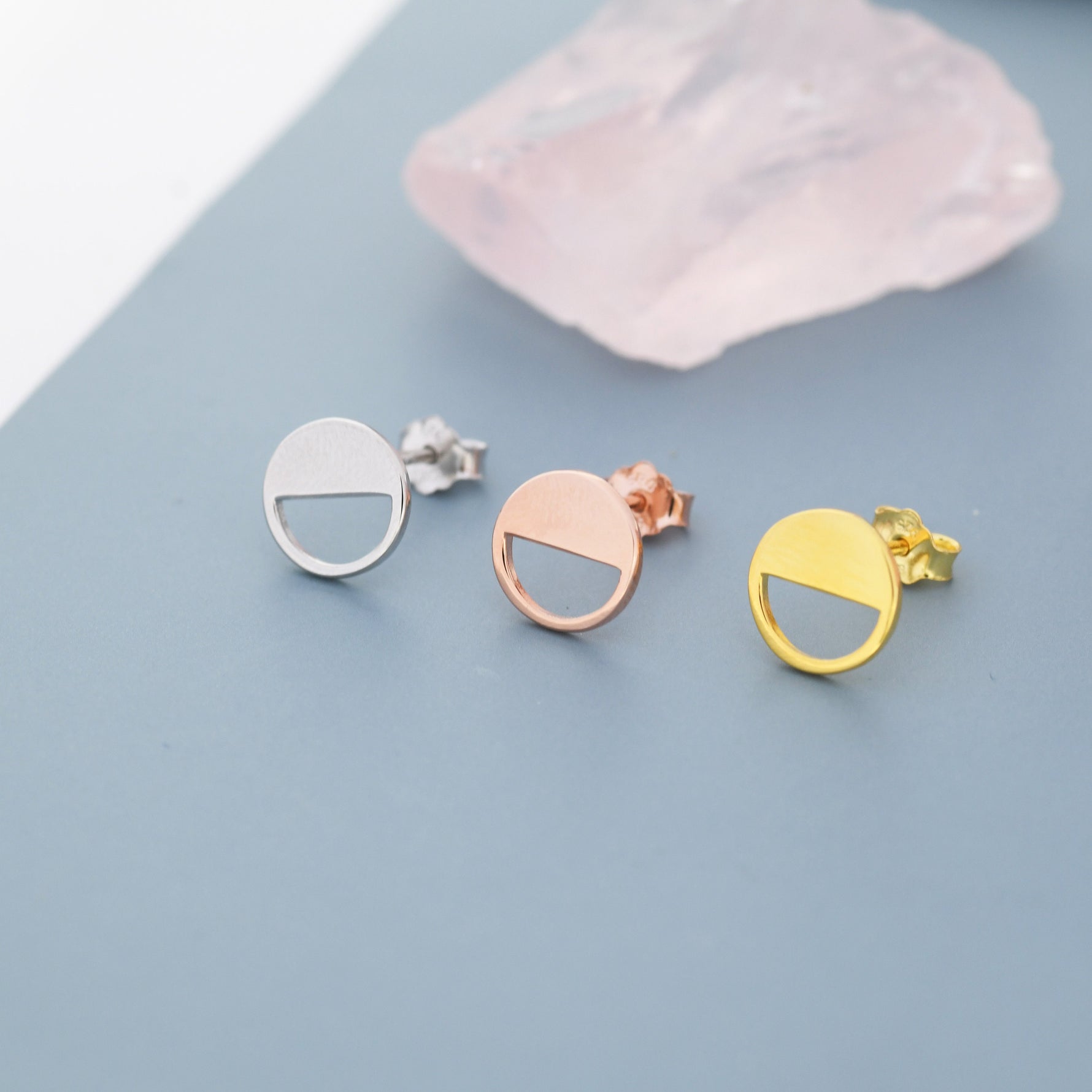 Half Circle Stud Earrings in Sterling Silver, Silver, Gold or Rose Gold over Sterling Silver, Geometric Open Circle Earrings, Semi Circle