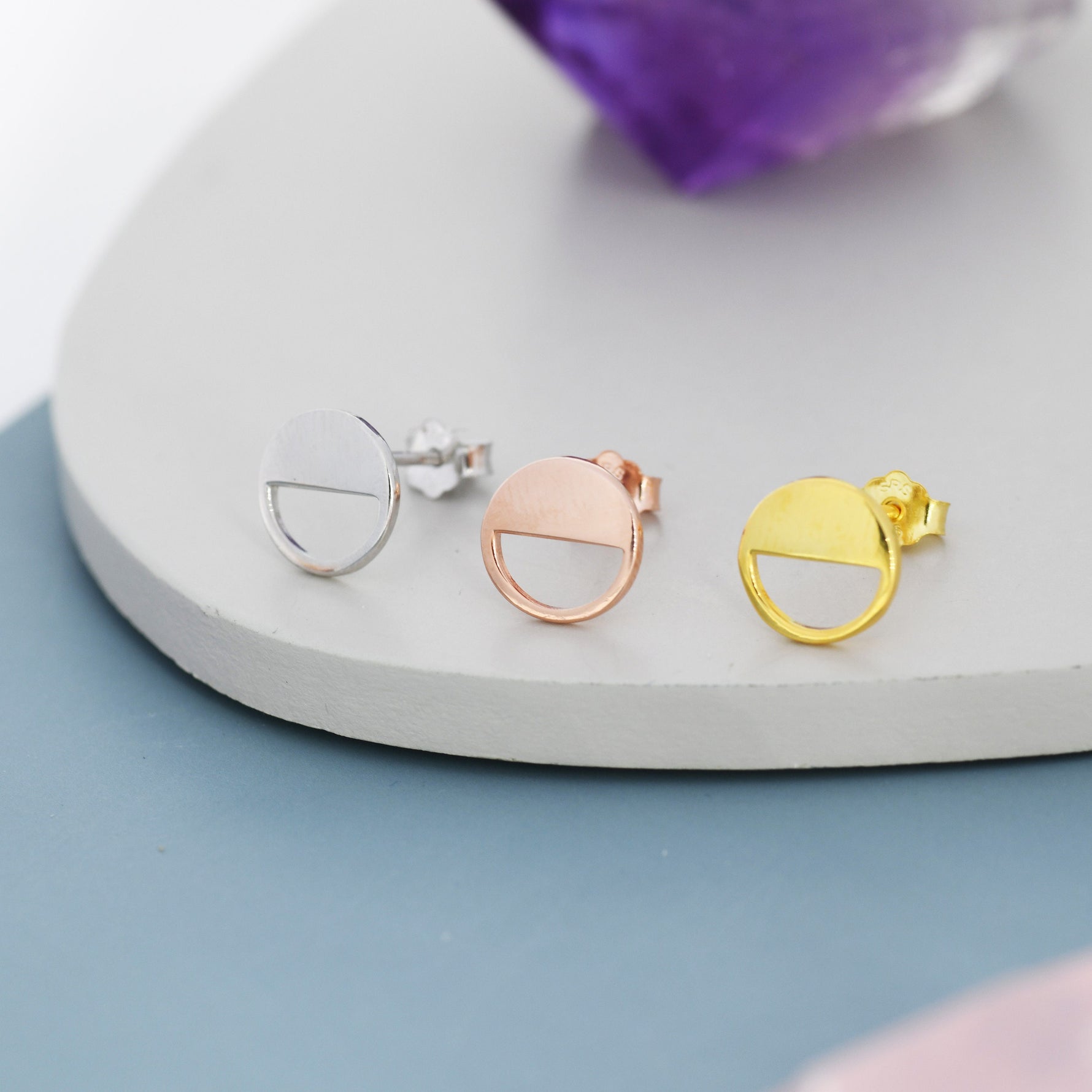 Half Circle Stud Earrings in Sterling Silver, Silver, Gold or Rose Gold over Sterling Silver, Geometric Open Circle Earrings, Semi Circle