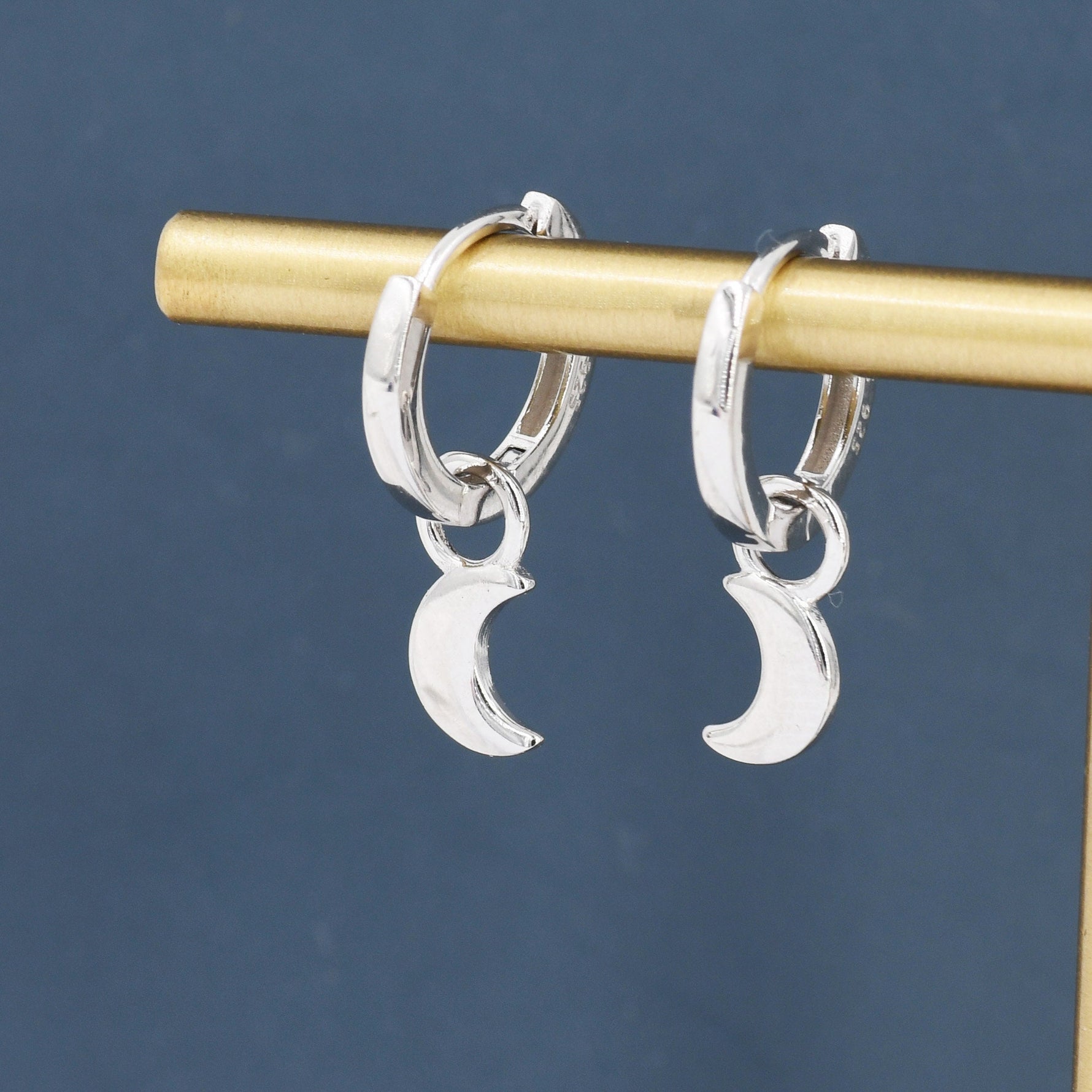 Crescent Moon Charm Huggie Hoop Earrings in Sterling Silver, Detachable Charm Hoops, Celestial Earrings, Silver, Gold and Rose Gold