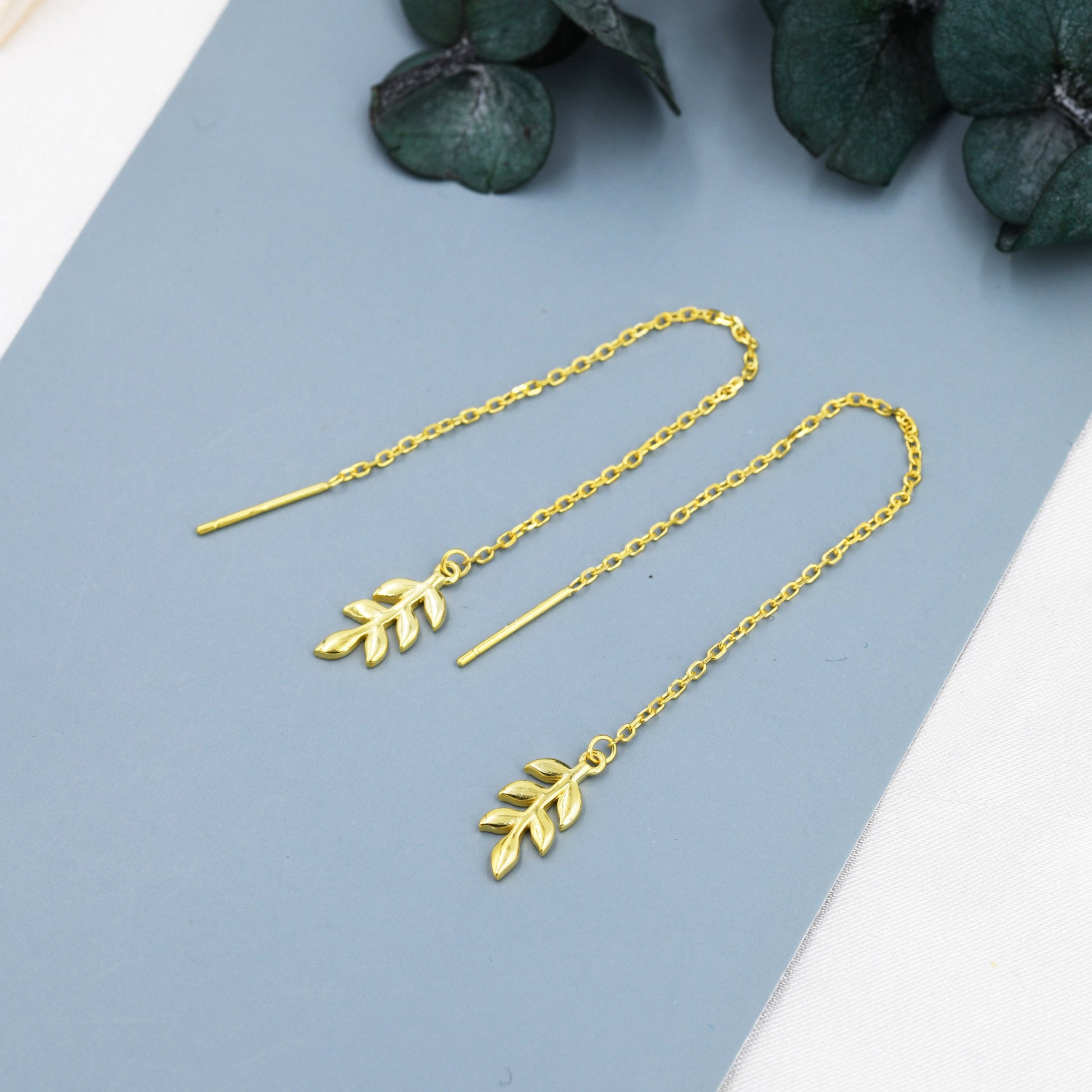 Delicate Leaf Threader Earrings in Sterling Silver, Olive Branch Earrings, Silver, Gold or Rose Gold, Long Threders