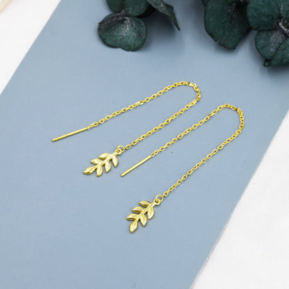 Delicate Leaf Threader Earrings in Sterling Silver, Olive Branch Earrings, Silver, Gold or Rose Gold, Long Threders