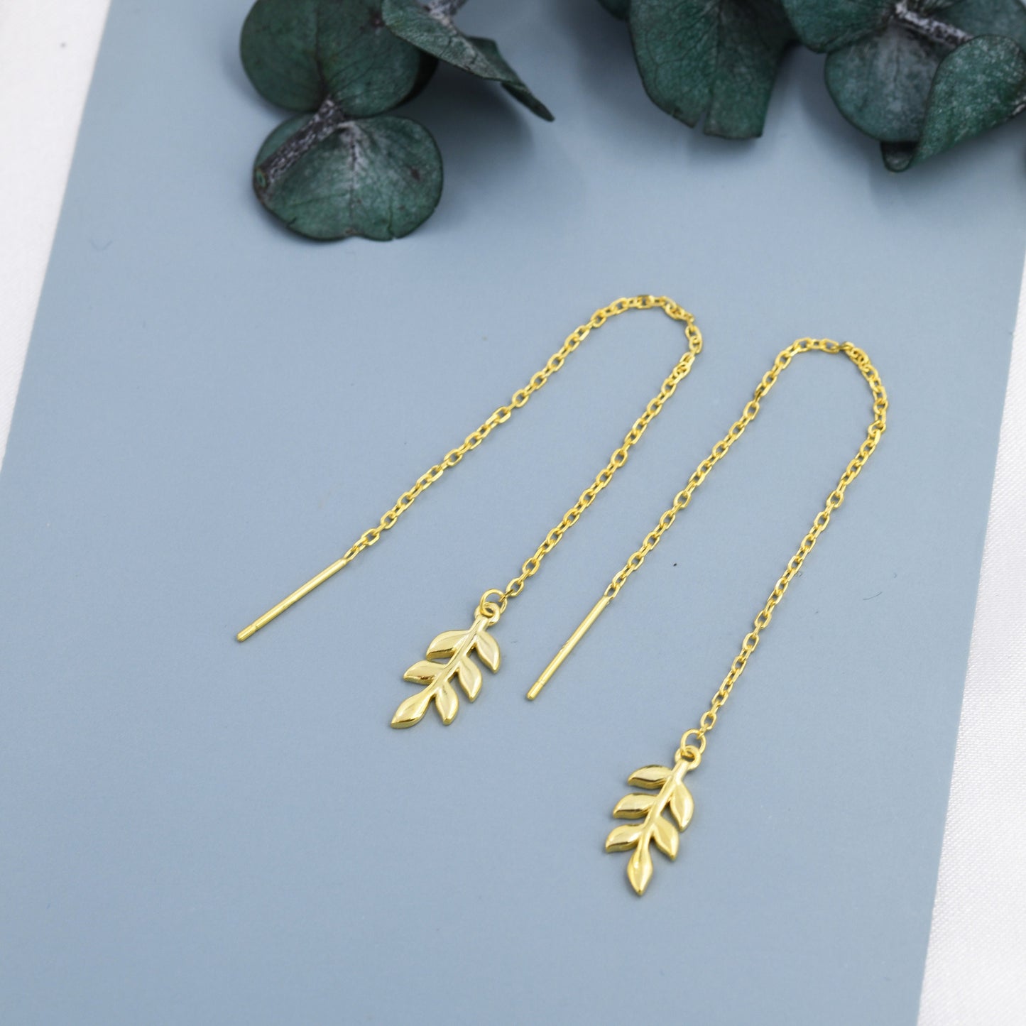 Delicate Leaf Threader Earrings in Sterling Silver, Olive Branch Earrings, Silver, Gold or Rose Gold, Long Threders