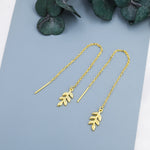 Delicate Leaf Threader Earrings in Sterling Silver, Olive Branch Earrings, Silver, Gold or Rose Gold, Long Threders