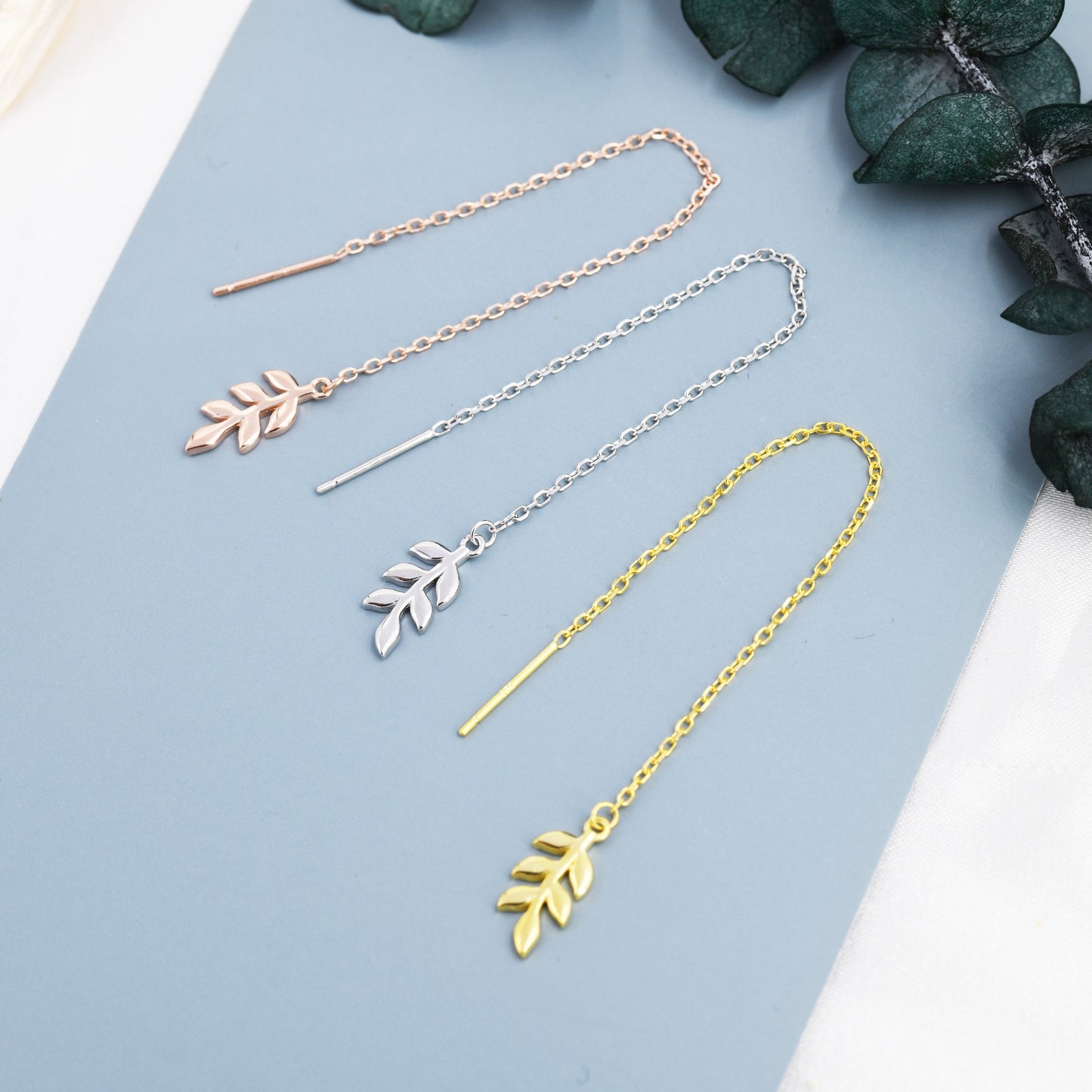 Delicate Leaf Threader Earrings in Sterling Silver, Olive Branch Earrings, Silver, Gold or Rose Gold, Long Threders