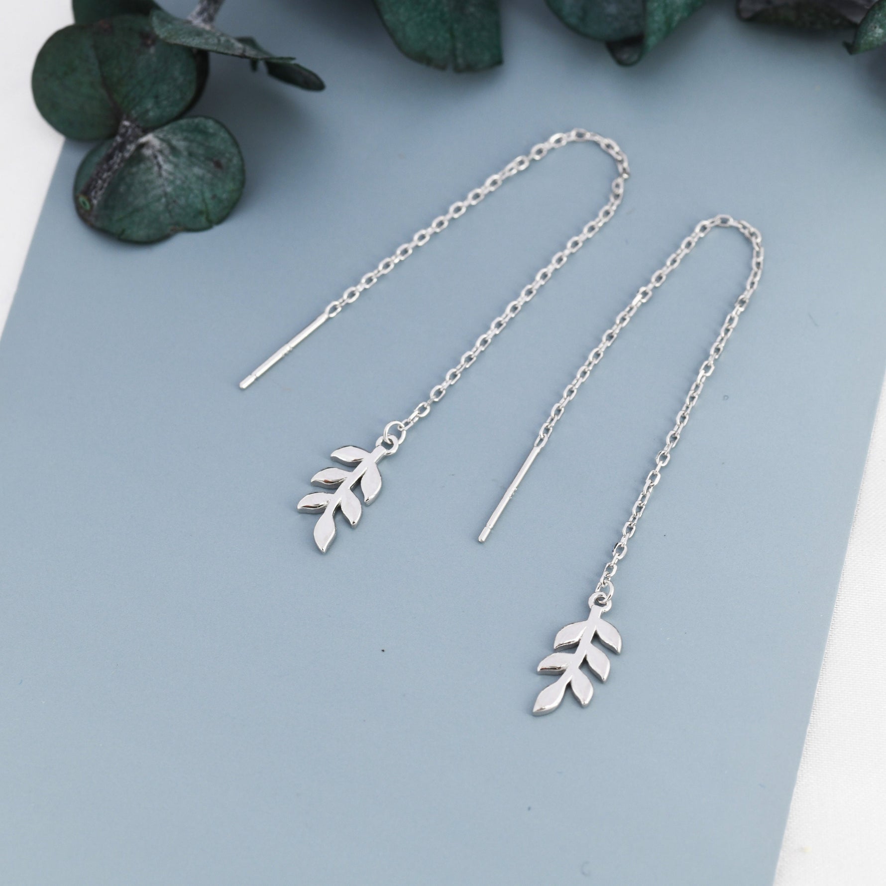 Delicate Leaf Threader Earrings in Sterling Silver, Olive Branch Earrings, Silver, Gold or Rose Gold, Long Threders