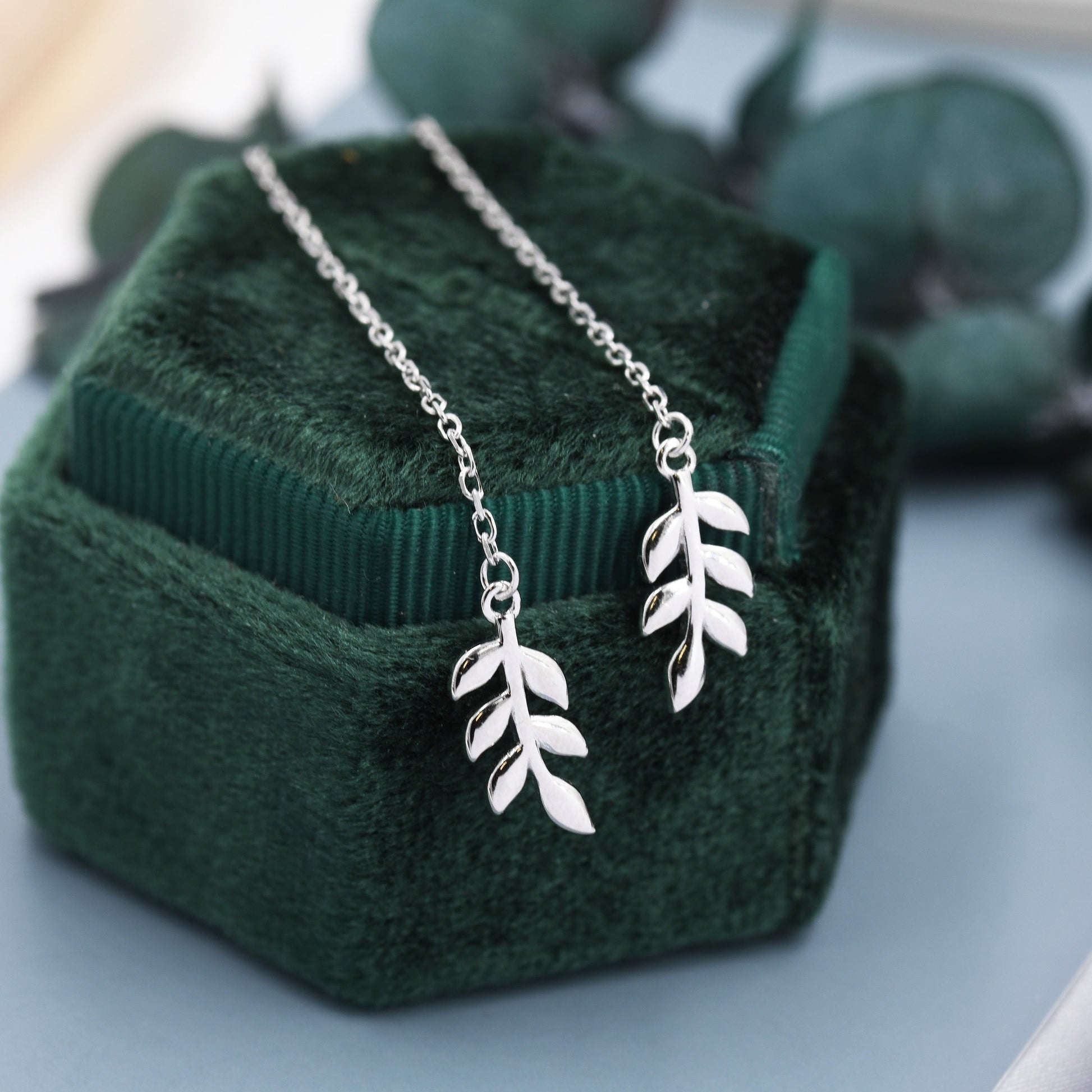 Delicate Leaf Threader Earrings in Sterling Silver, Olive Branch Earrings, Silver, Gold or Rose Gold, Long Threders