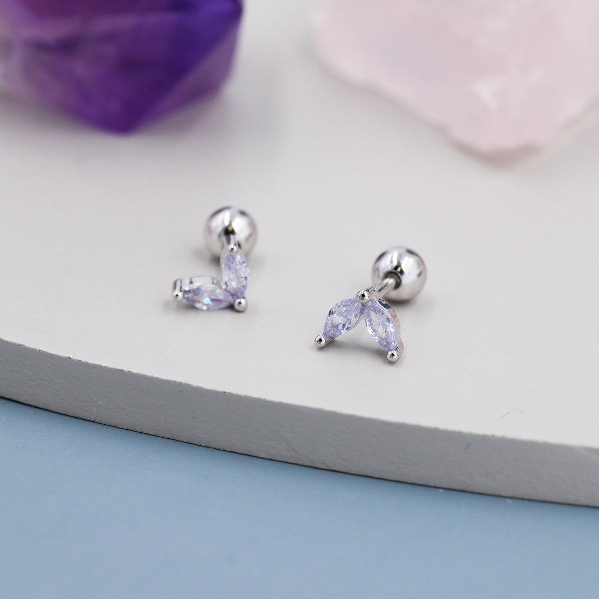 Sterling Silver Alexandrite Purple CZ Marquise Leaf Duo Barbell Earrings, Gold or Silver, Marquise Fan Screw back Earrings, Screwback