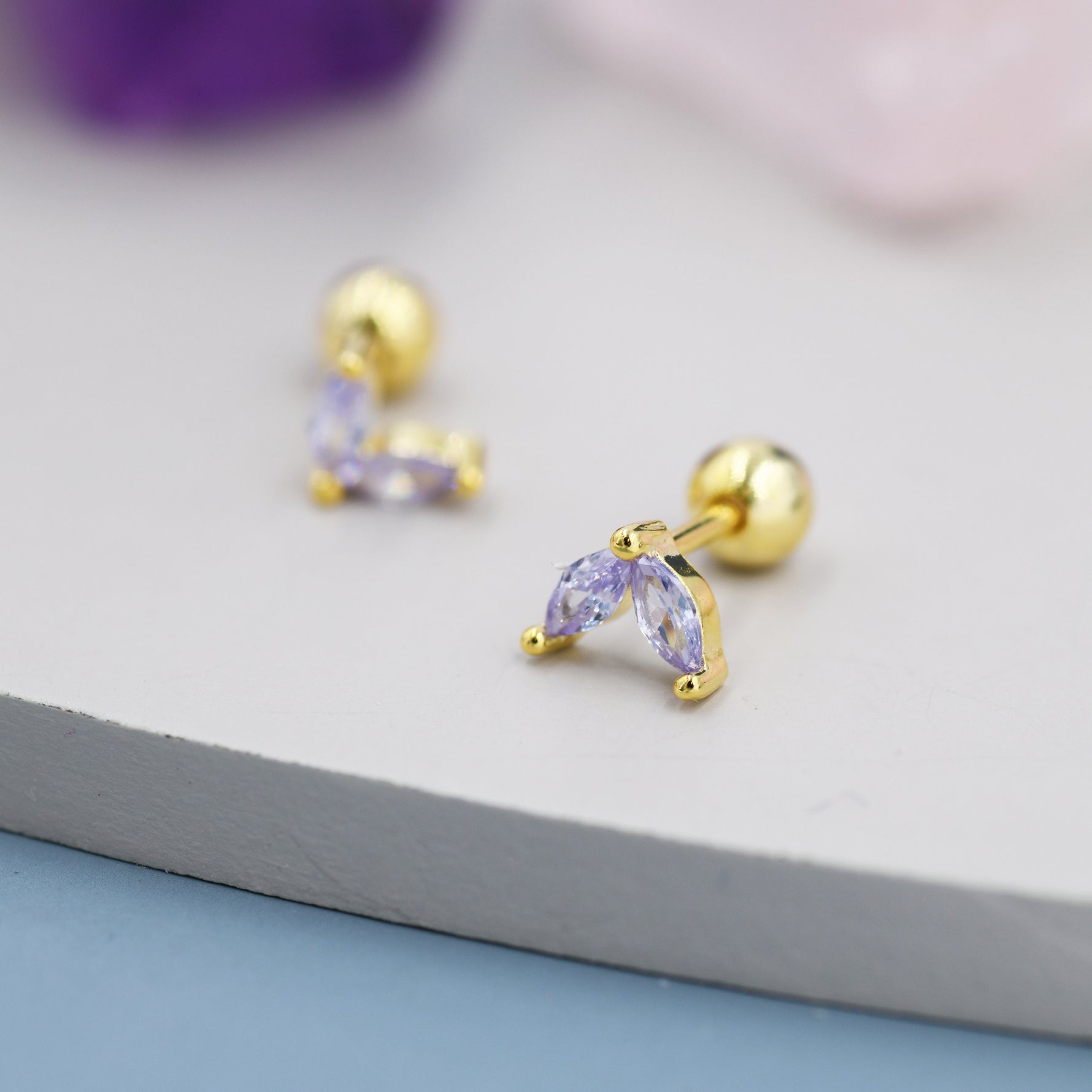 Sterling Silver Alexandrite Purple CZ Marquise Leaf Duo Barbell Earrings, Gold or Silver, Marquise Fan Screw back Earrings, Screwback