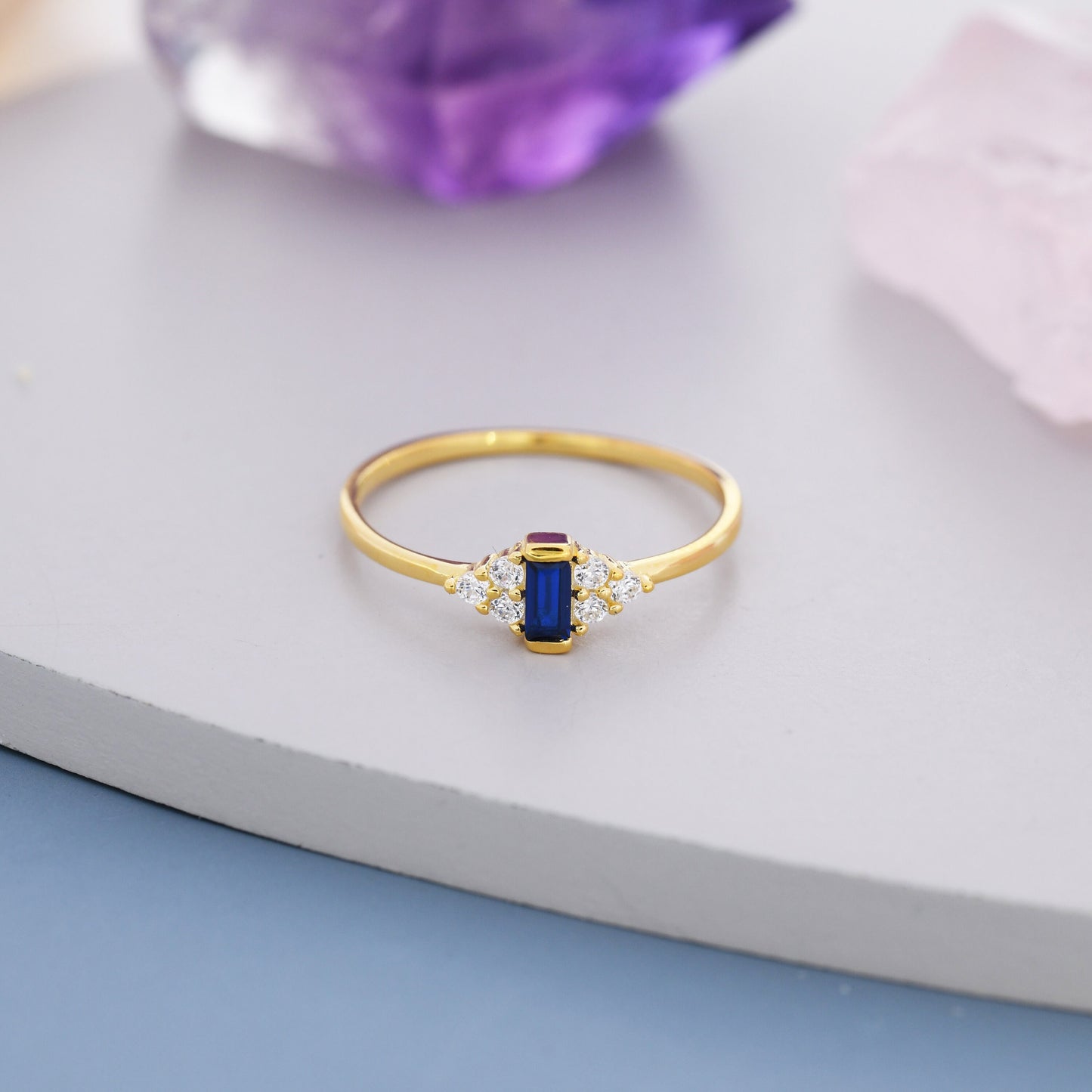 Vintage Inspired Sapphire Blue CZ Ring in Sterling Silver, Baguette Ring, Silver or Gold, Delicate Sapphire Ring, Size US 5 - 8