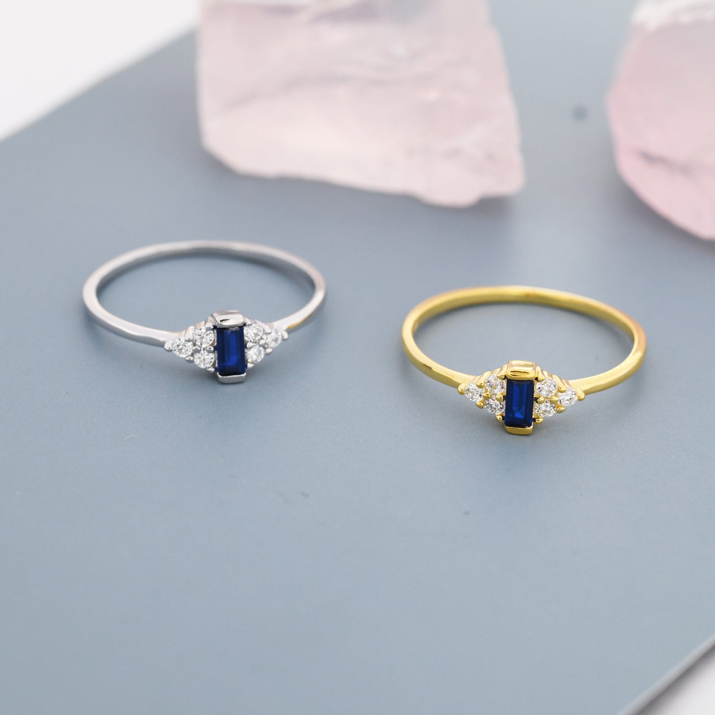 Vintage Inspired Sapphire Blue CZ Ring in Sterling Silver, Baguette Ring, Silver or Gold, Delicate Sapphire Ring, Size US 5 - 8