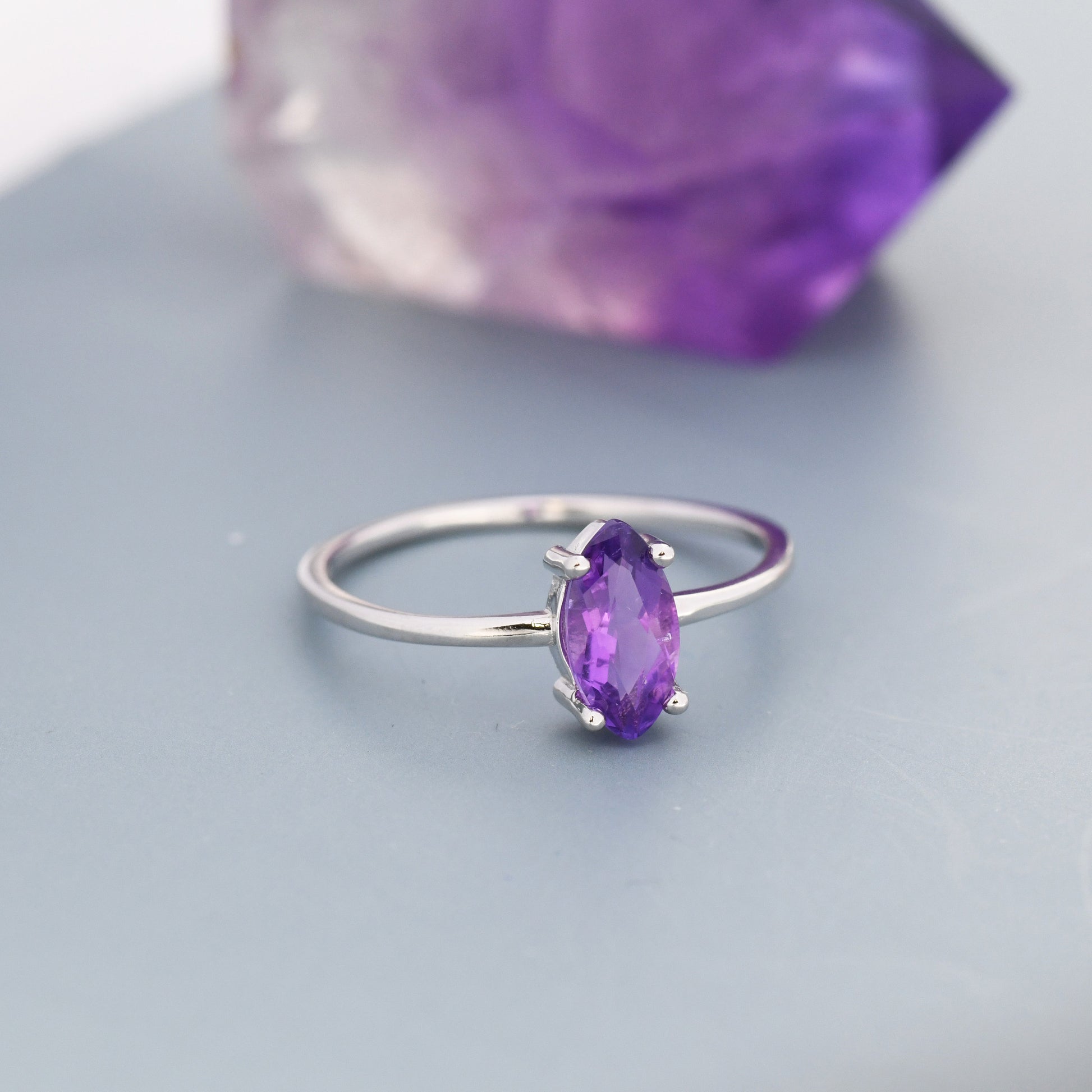 Genuine Amethyst Ring in Sterling Silver, Natural Marquise Cut Amethyst Stone Ring, Stacking Rings, US 5-8