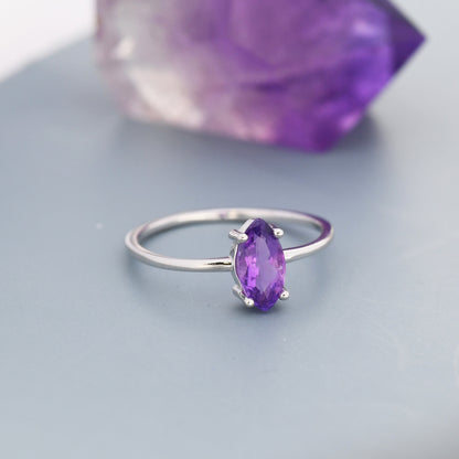 Genuine Amethyst Ring in Sterling Silver, Natural Marquise Cut Amethyst Stone Ring, Stacking Rings, US 5-8