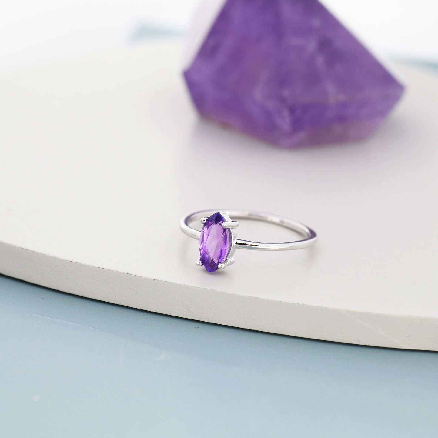Genuine Amethyst Ring in Sterling Silver, Natural Marquise Cut Amethyst Stone Ring, Stacking Rings, US 5-8