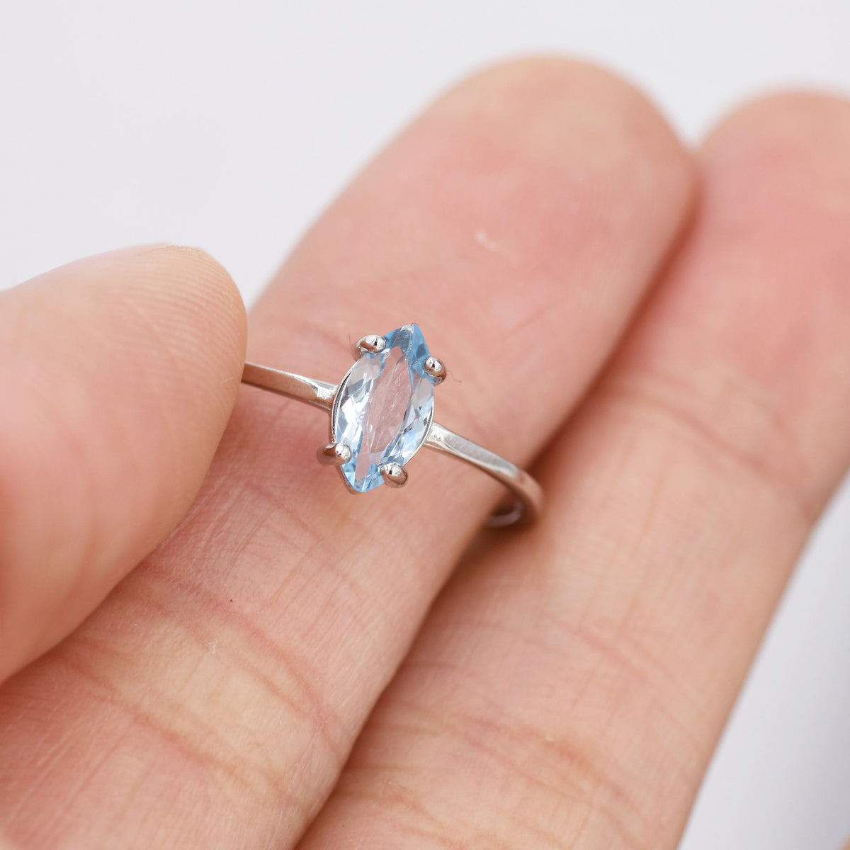 Genuine Sky Blue Topaz Ring in Sterling Silver, Natural Marquise Cut Topaz Stone Ring, Stacking Rings, US 5-8