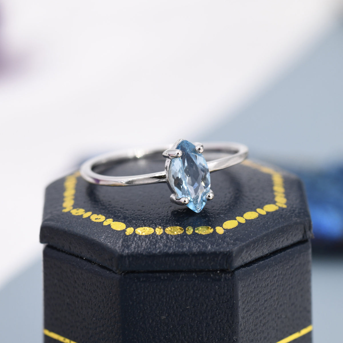 Genuine Sky Blue Topaz Ring in Sterling Silver, Natural Marquise Cut Topaz Stone Ring, Stacking Rings, US 5-8