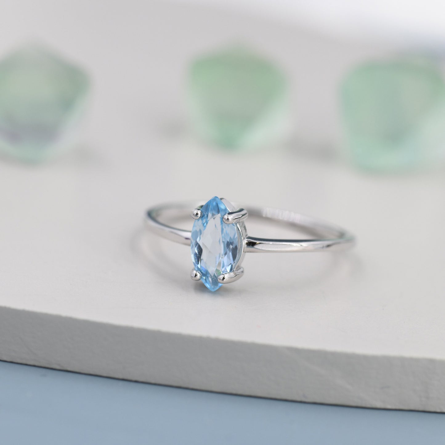 Genuine Sky Blue Topaz Ring in Sterling Silver, Natural Marquise Cut Topaz Stone Ring, Stacking Rings, US 5-8