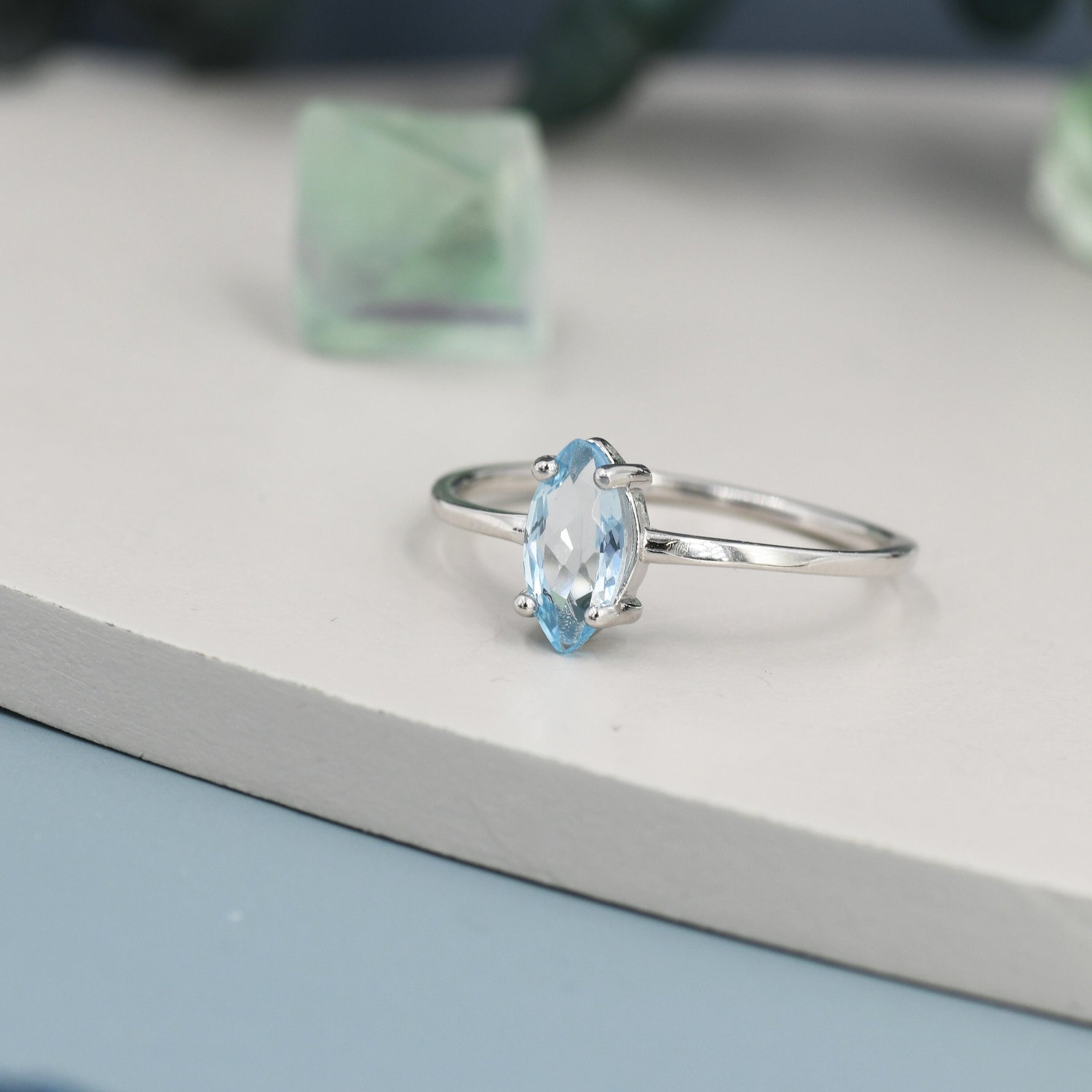 Genuine Sky Blue Topaz Ring in Sterling Silver, Natural Marquise Cut Topaz Stone Ring, Stacking Rings, US 5-8