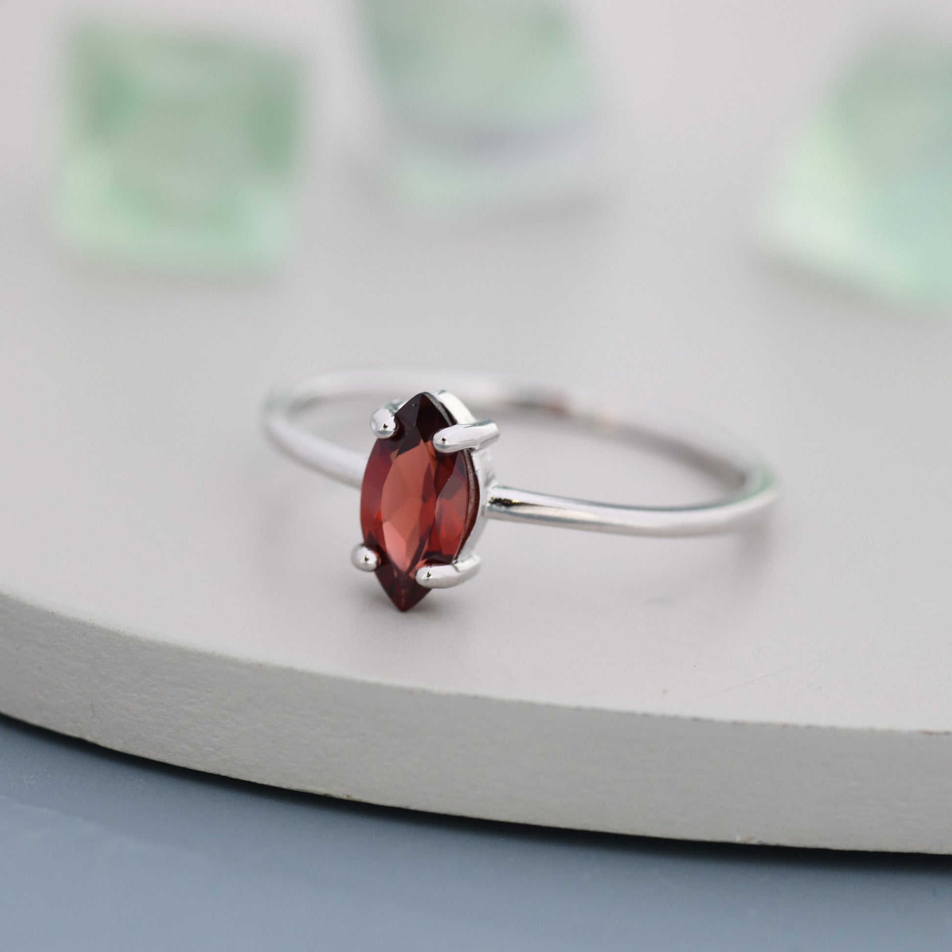 Genuine Red Garnet Ring in Sterling Silver, Natural Marquise Cut Garnet Stone Ring, Stacking Rings, US 5-8