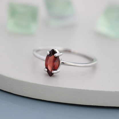 Genuine Red Garnet Ring in Sterling Silver, Natural Marquise Cut Garnet Stone Ring, Stacking Rings, US 5-8