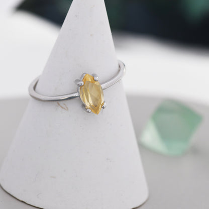 Genuine Yellow Citrine Ring in Sterling Silver, Natural Marquise Cut Citrine Stone Ring, Stacking Rings, US 5-8