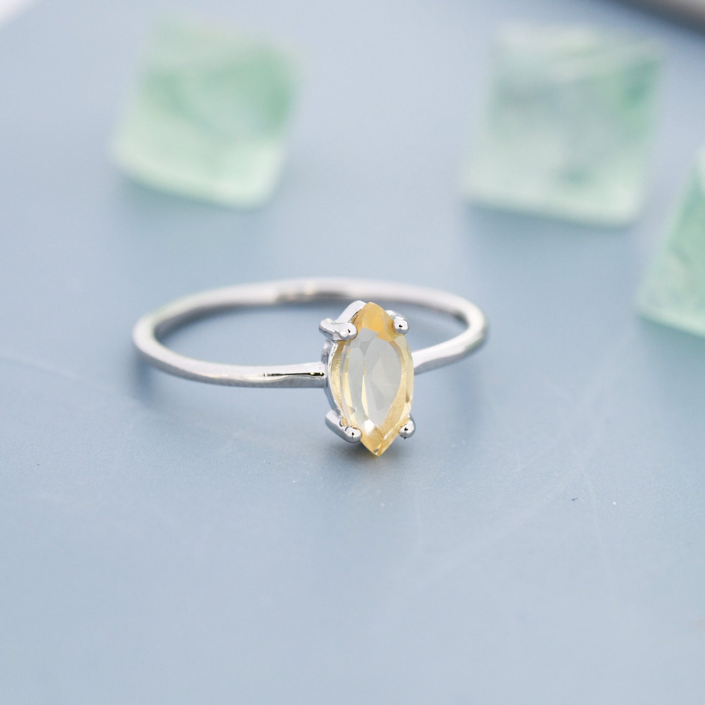 Genuine Yellow Citrine Ring in Sterling Silver, Natural Marquise Cut Citrine Stone Ring, Stacking Rings, US 5-8