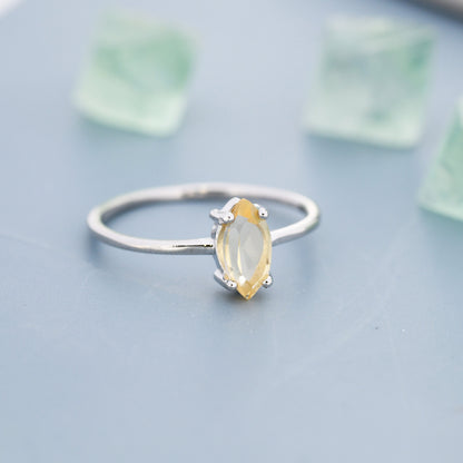 Genuine Yellow Citrine Ring in Sterling Silver, Natural Marquise Cut Citrine Stone Ring, Stacking Rings, US 5-8