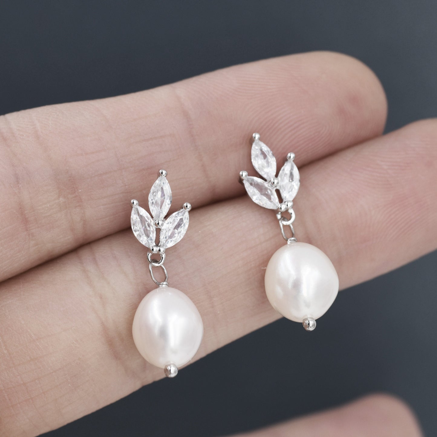 Marquise CZ Trio with Dangling Baroque Pearl Earrings in Sterling Silver, Keshi Pearl Drop Earrings,   Genuine Freshwater Pearls, Pearl CZ